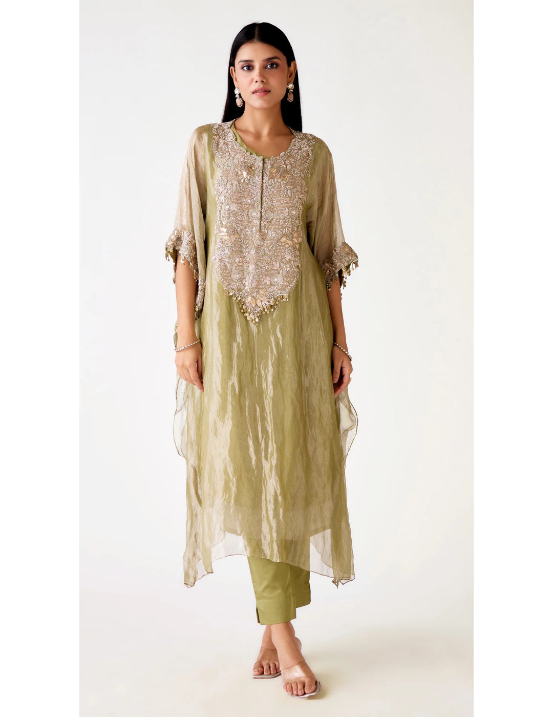 Green Tissue Embroidered Kaftan Set