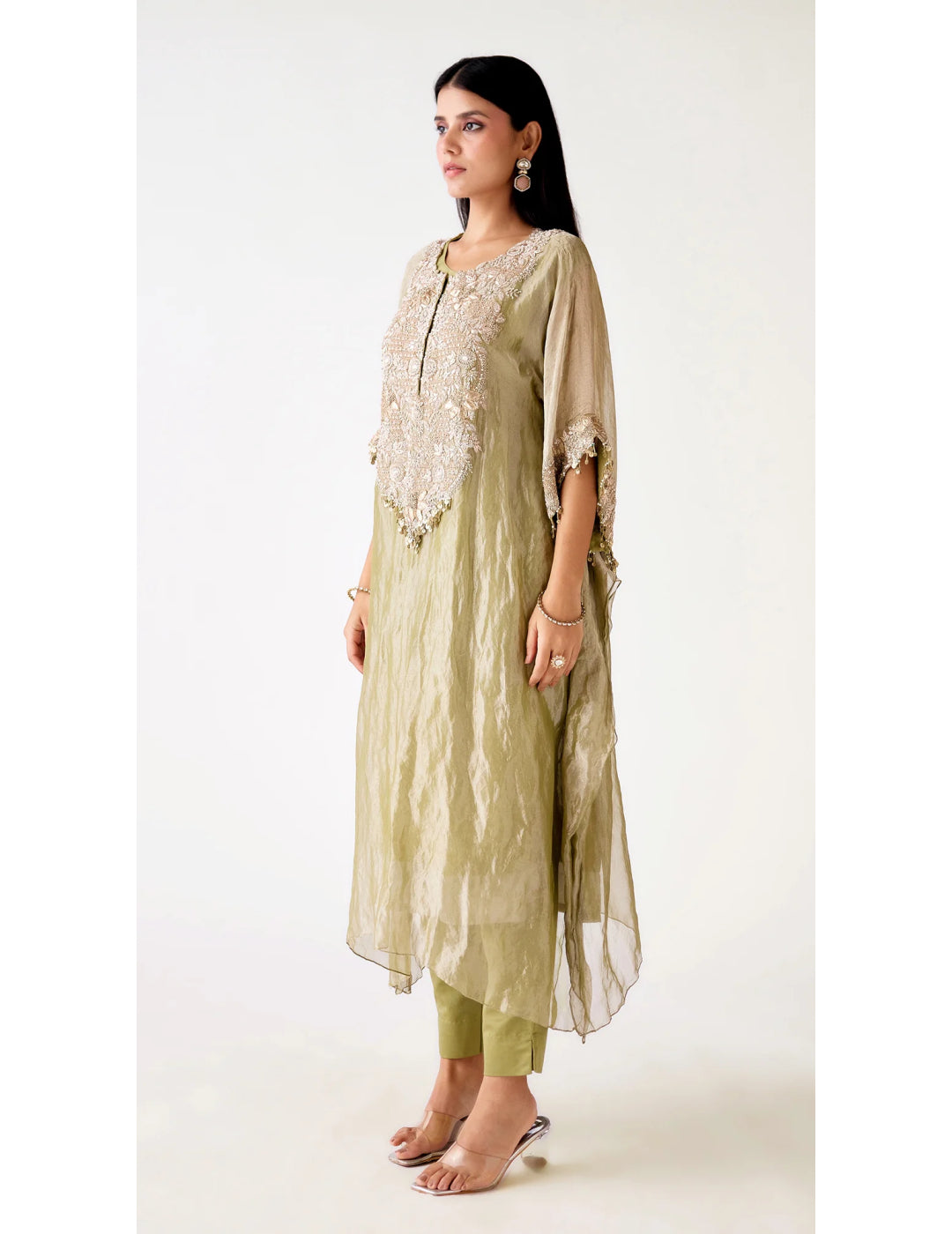 Green Tissue Embroidered Kaftan Set