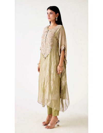 Green Tissue Embroidered Kaftan Set