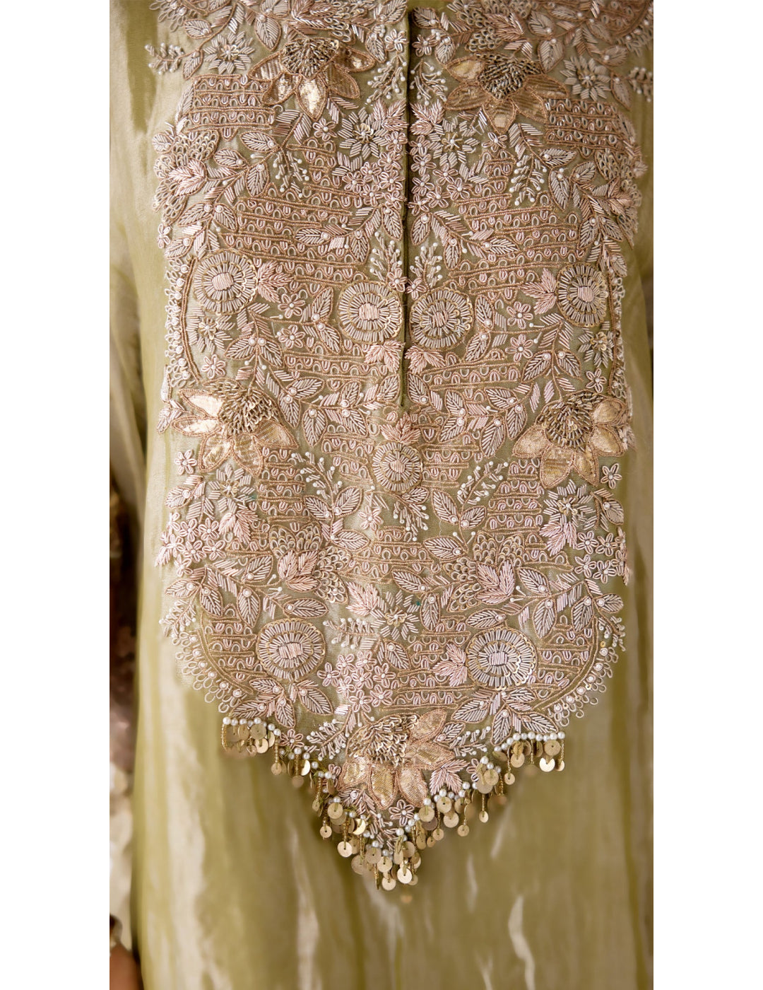 Green Tissue Embroidered Kaftan Set