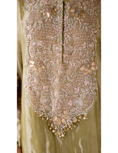 Green Tissue Embroidered Kaftan Set