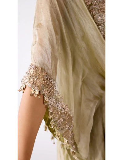 Green Tissue Embroidered Kaftan Set