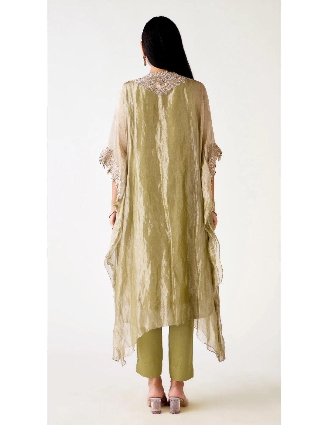 Green Tissue Embroidered Kaftan Set