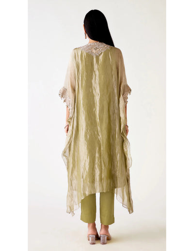 Green Tissue Embroidered Kaftan Set
