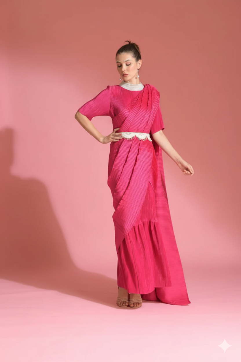 Hot Pink Saree Embroidered Neck Blouse Witb Belt