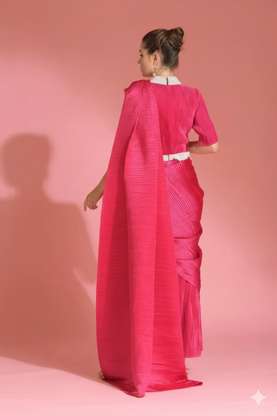 Hot Pink Saree Embroidered Neck Blouse Witb Belt