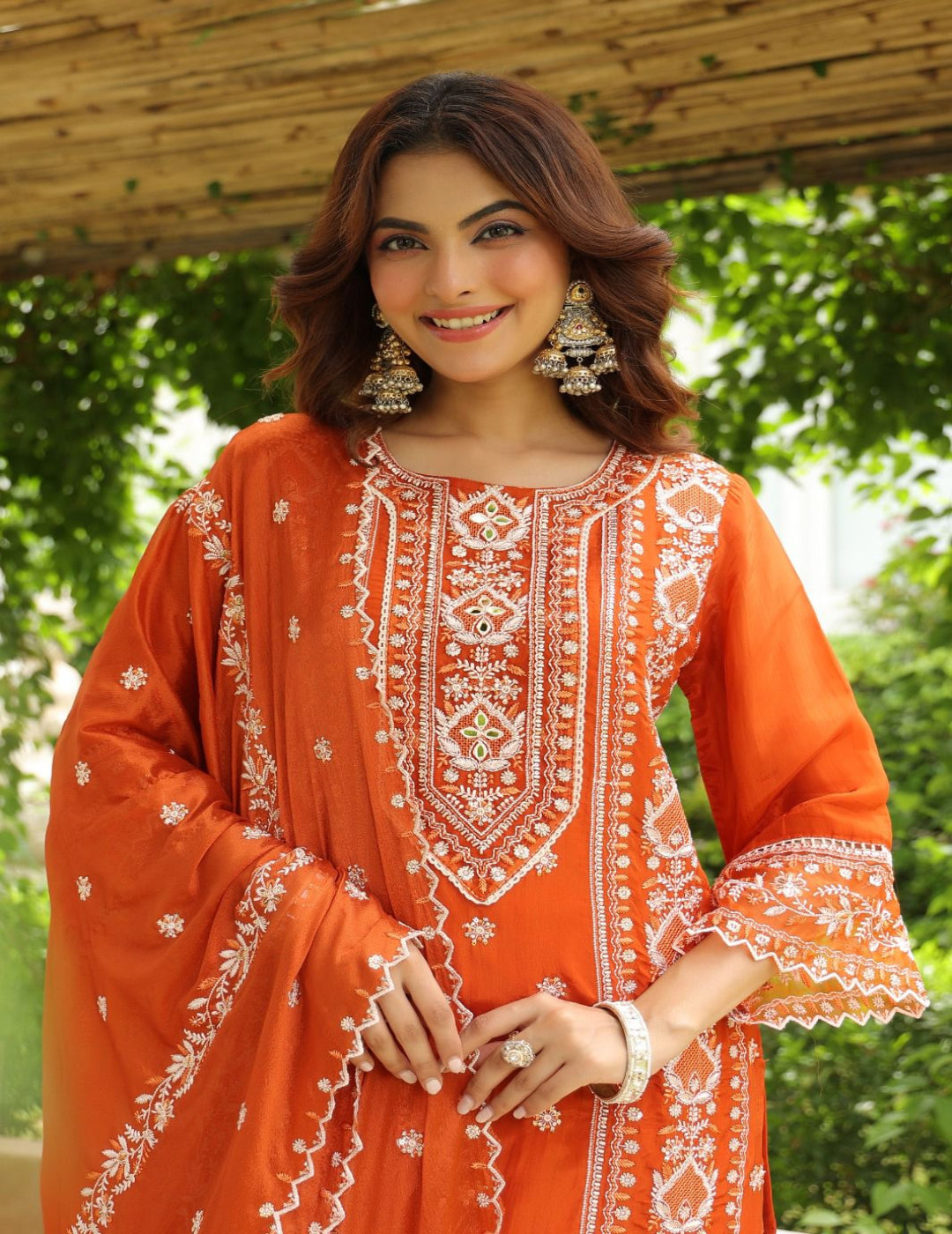 Rust Orange Embroidered Crepe Suit Set