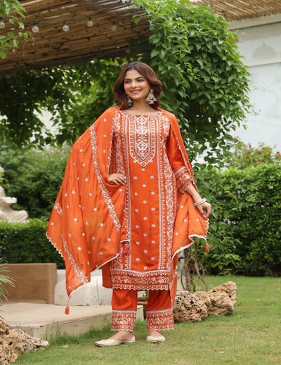 Rust Orange Embroidered Crepe Suit Set