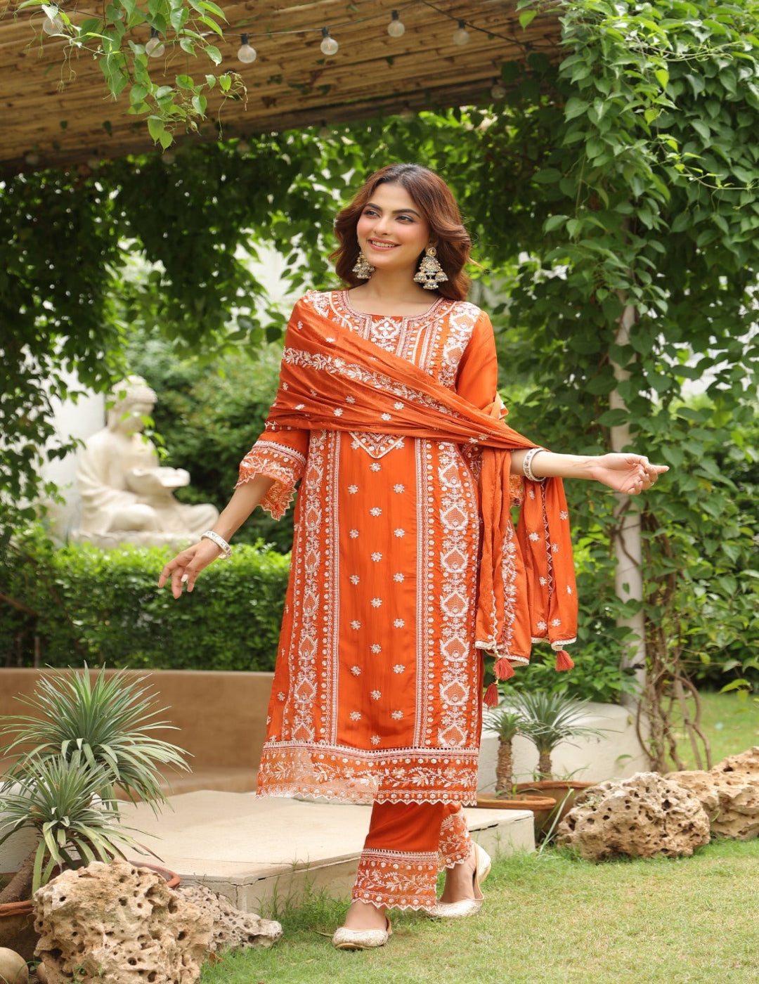 Rust Orange Embroidered Crepe Suit Set