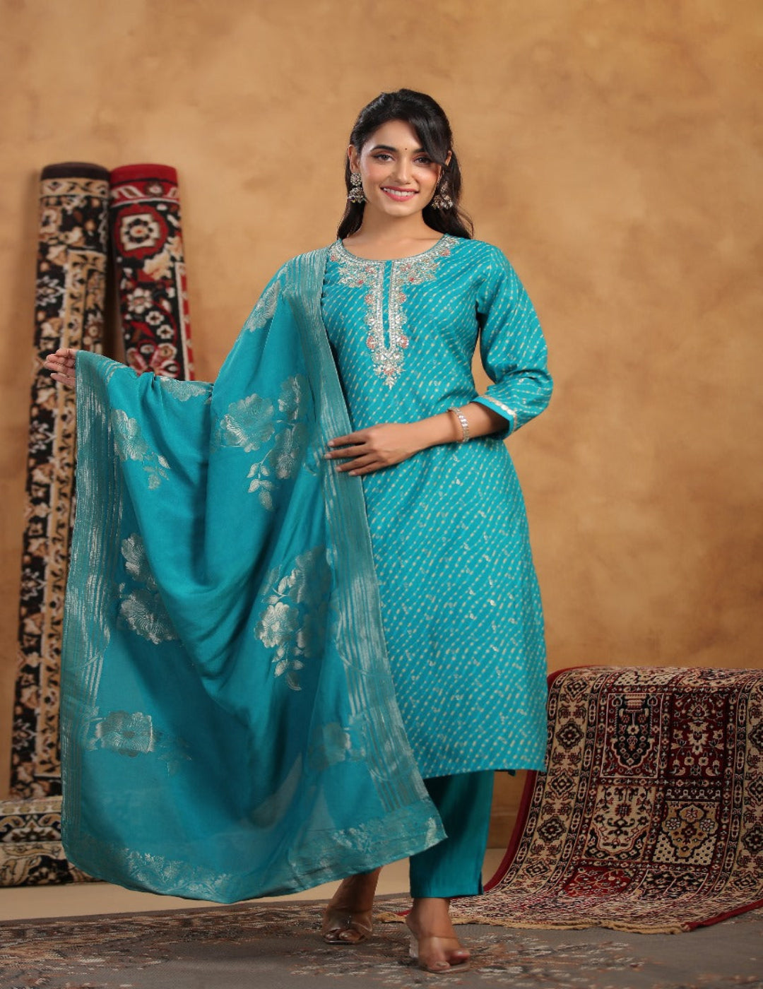 Blue Embroidered Muslin Suit Set