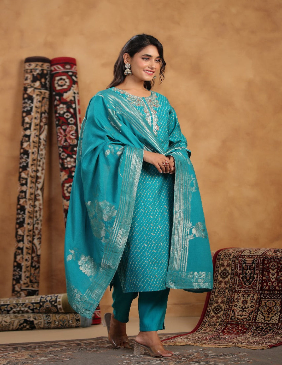 Blue Embroidered Muslin Suit Set