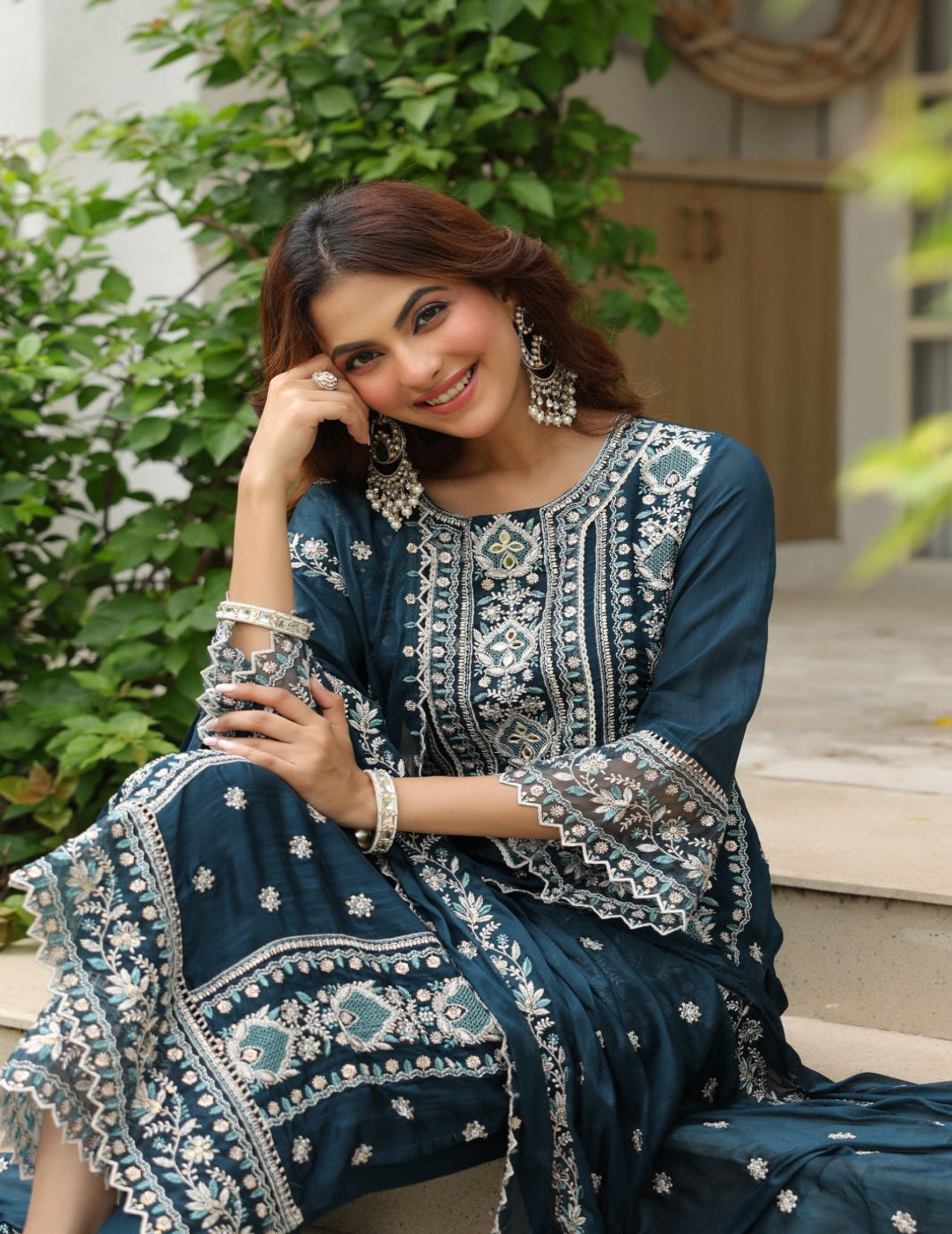 Blue Embroidered Crepe Suit Set