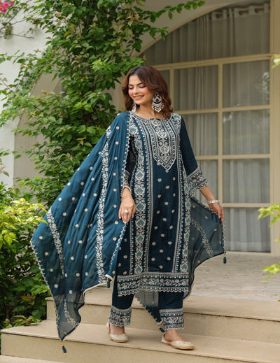 Blue Embroidered Crepe Suit Set