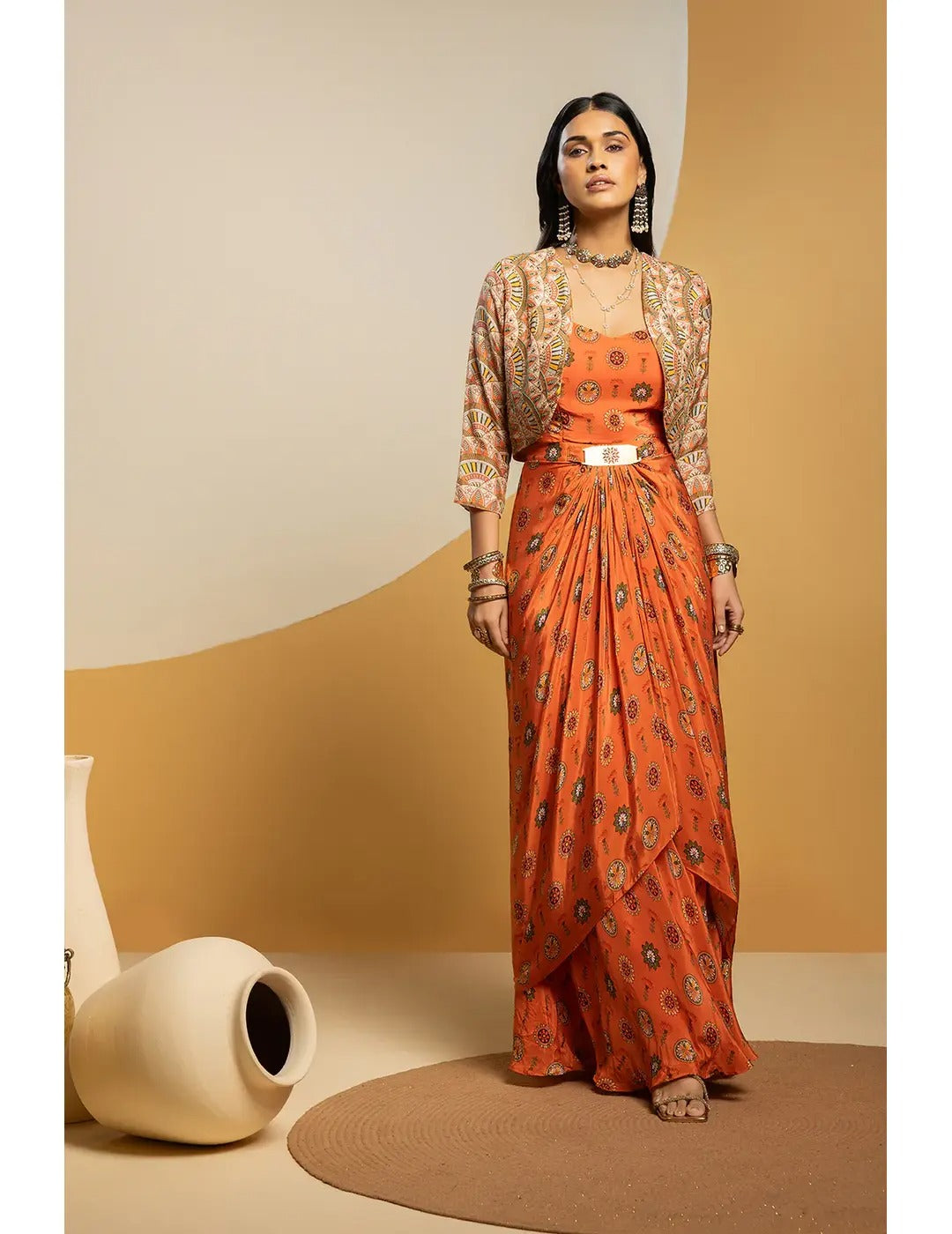 Taarani Embellished Long Drape Dress Set