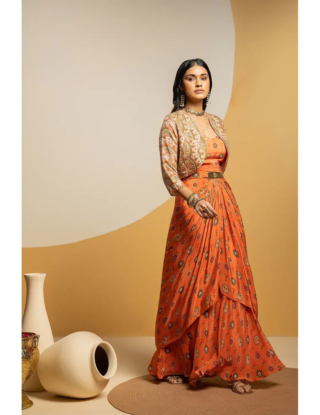 Taarani Embellished Long Drape Dress Set
