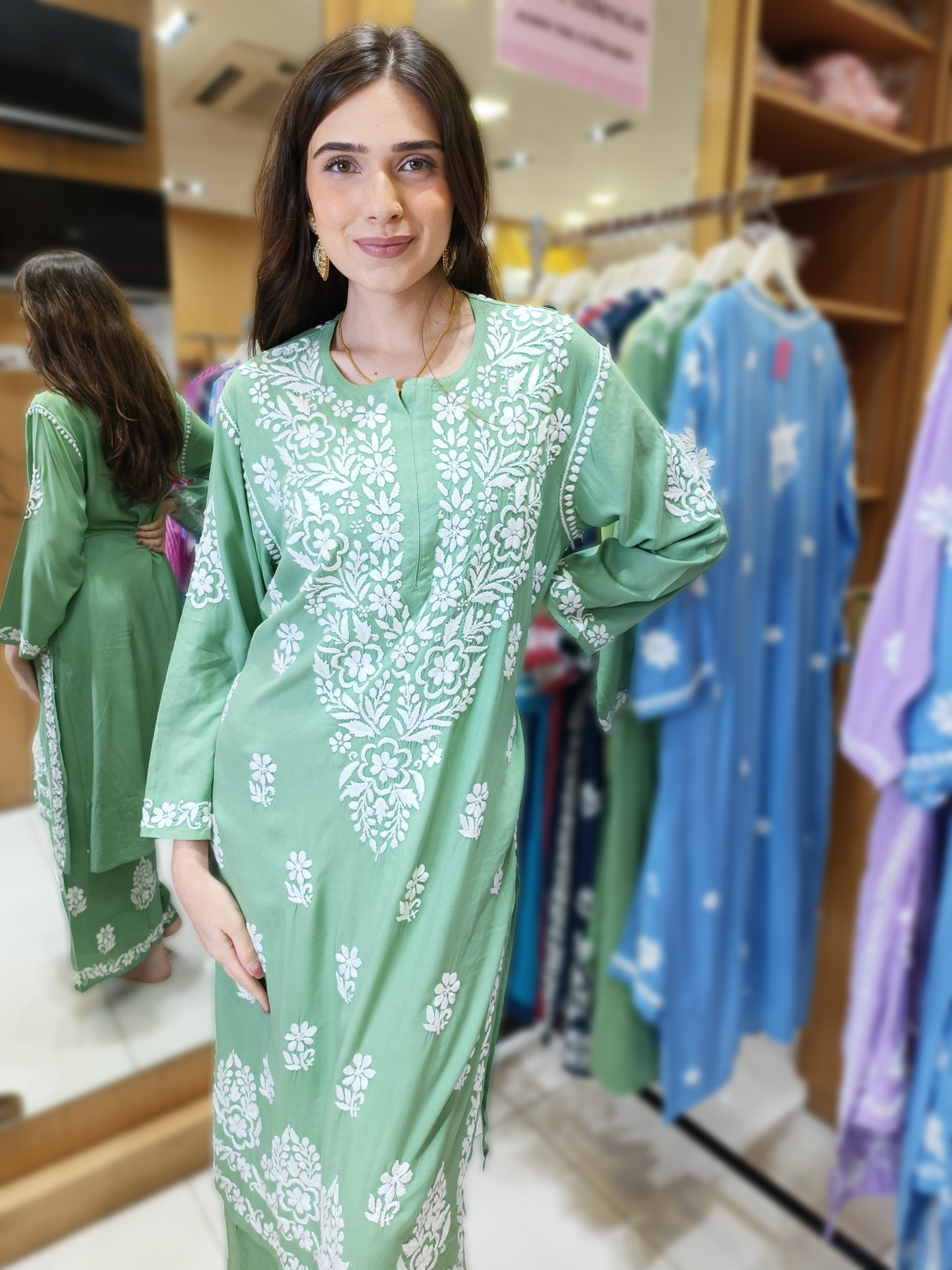 Green Chikankari Kurti Set