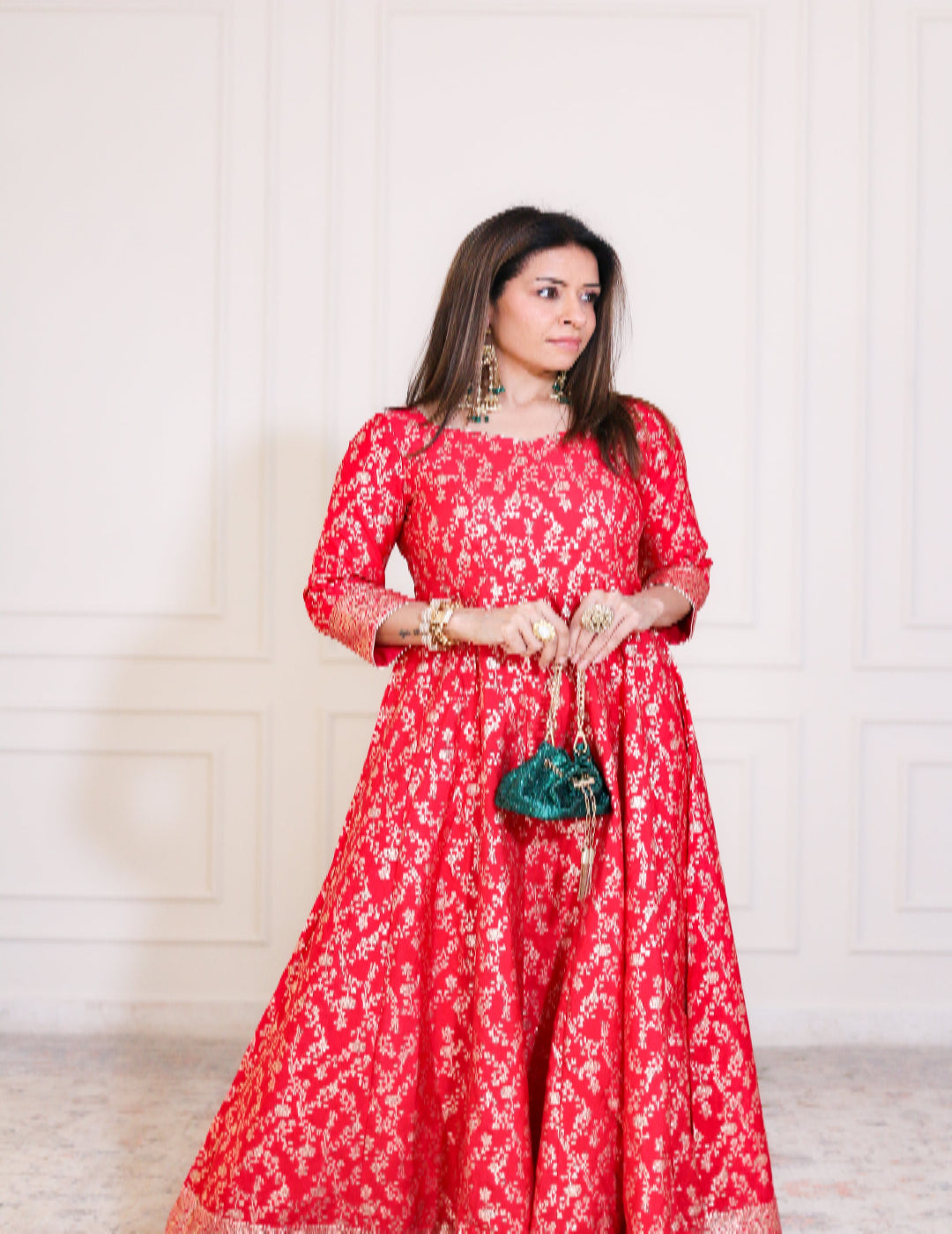 Studioj - 女士黄色印花和刺绣作品人造丝阿纳卡利– Studio J Shop