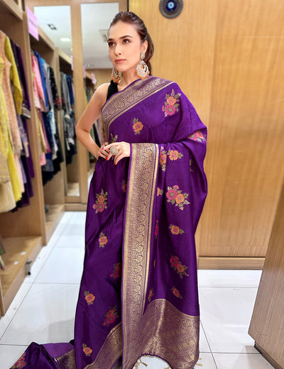 Purple Saree With Red Blouse Piece