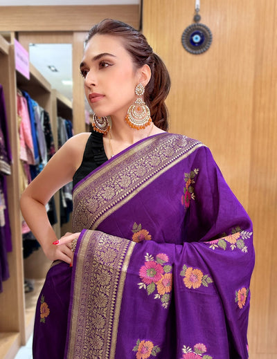 Purple Saree With Red Blouse Piece