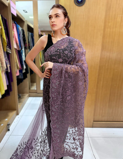 Purple Threadwork Sequins Saree