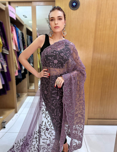 Purple Threadwork Sequins Saree