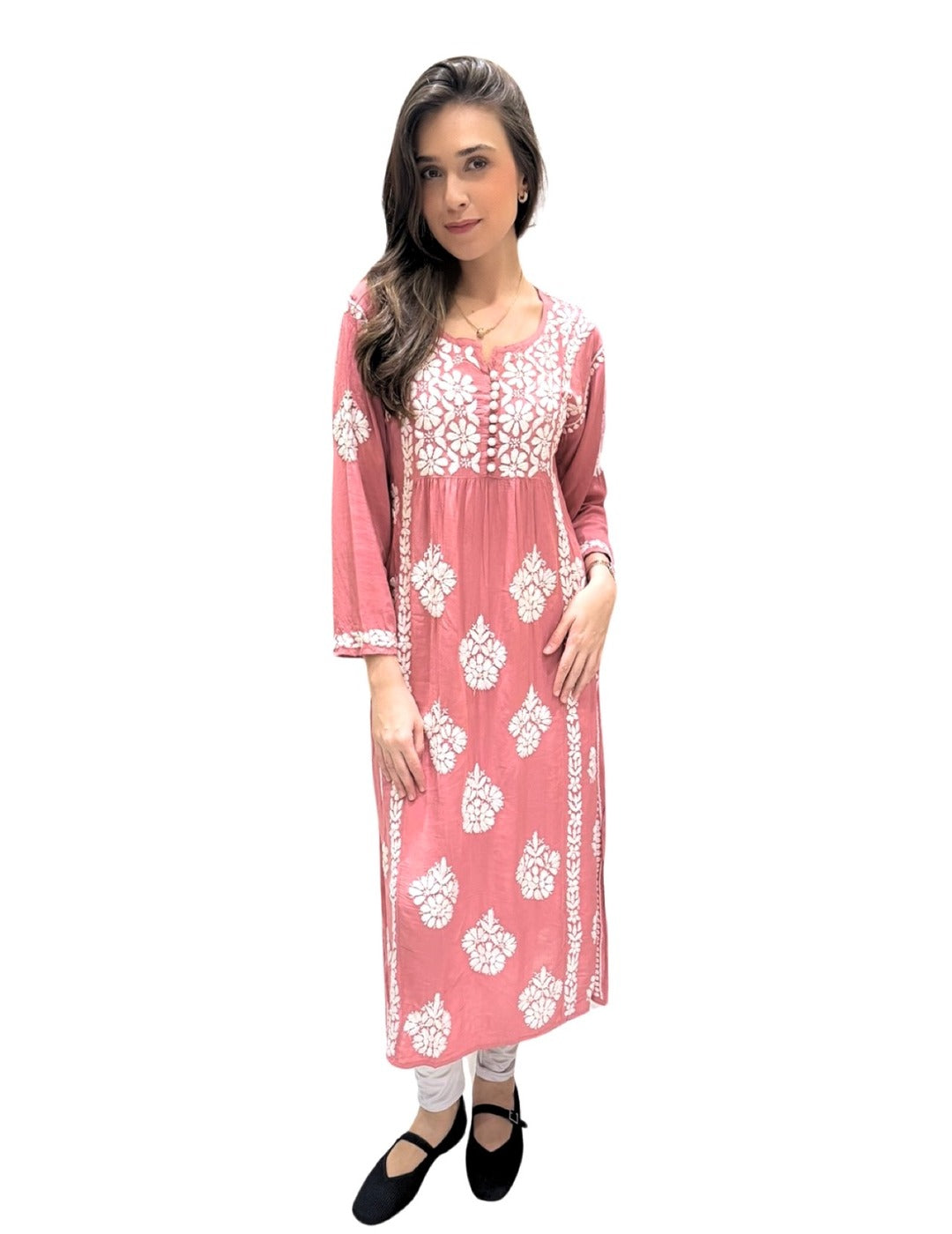 Peach Chikankari Naira Cut Kurti