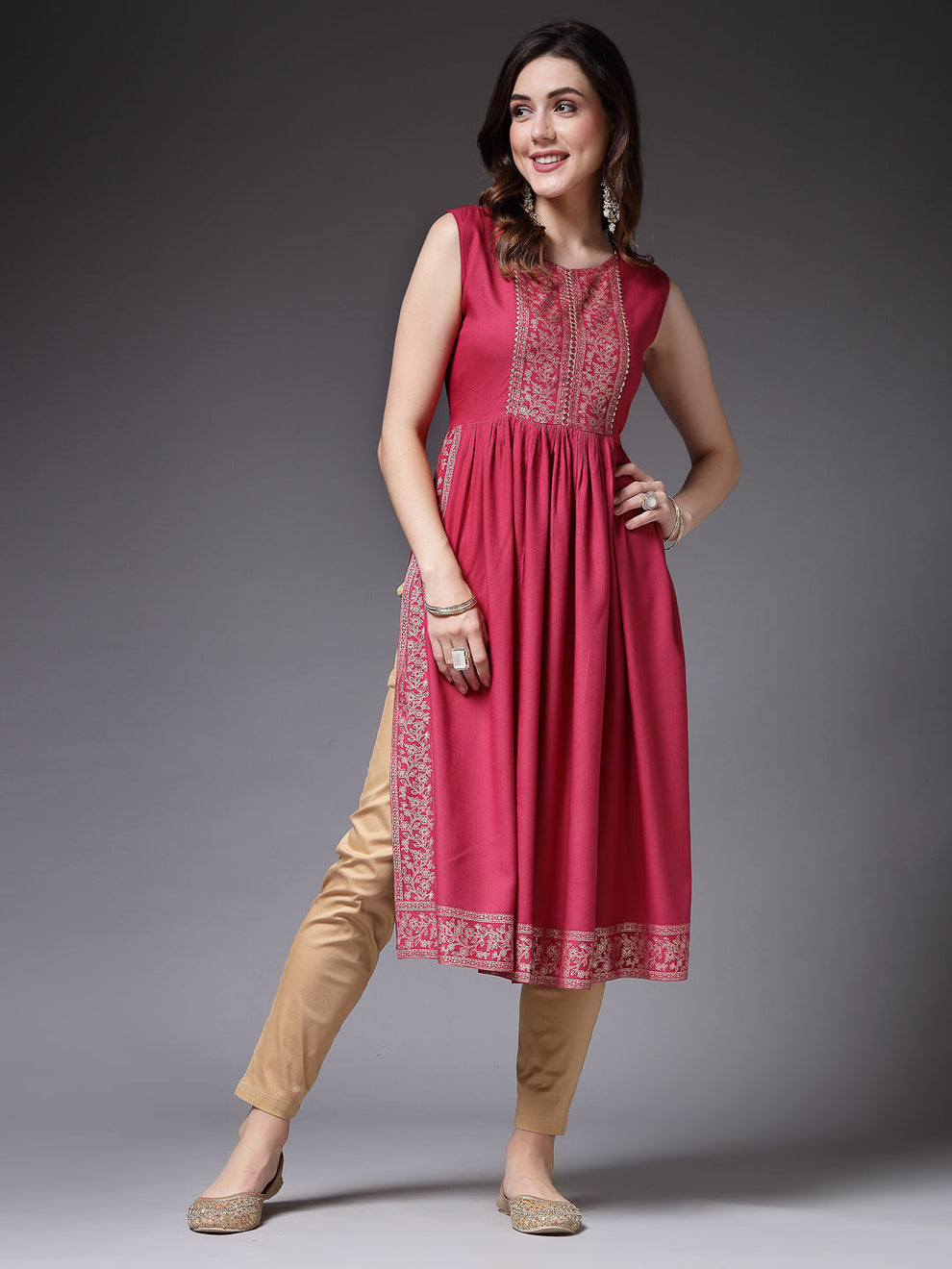 Pink Rayon Naira Cut Kurta