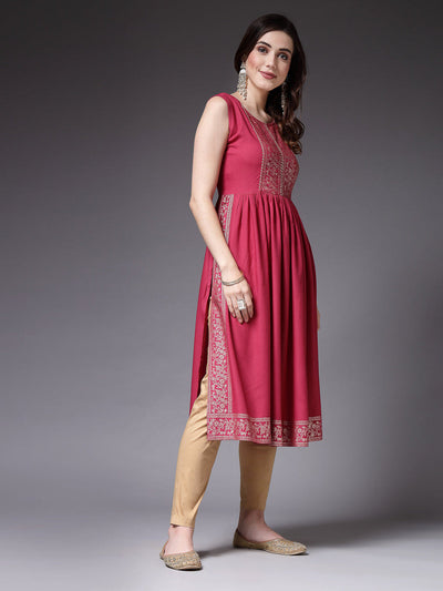 Pink Rayon Naira Cut Kurta