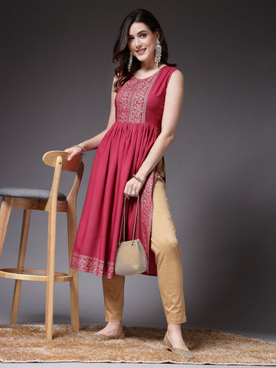 Pink Rayon Naira Cut Kurta