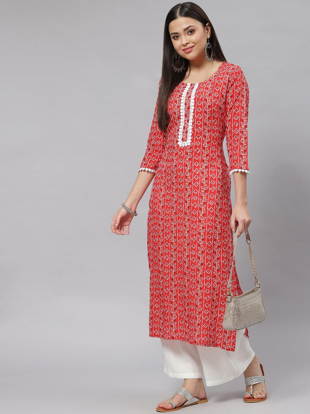 Red Printed Rayon Straight Kurta