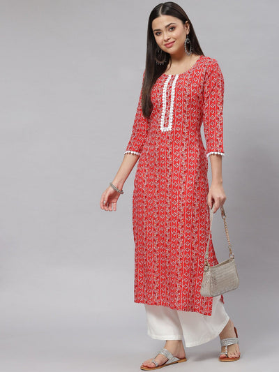 Red Printed Rayon Straight Kurta