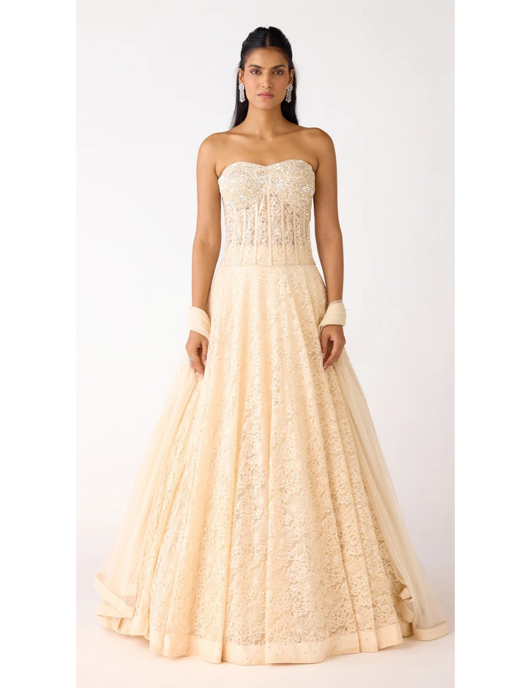 Ivory Chantilly Net Embroidered Lehenga Set