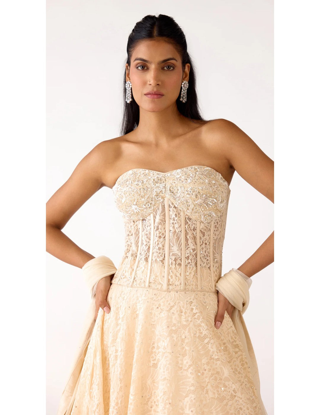 Ivory Chantilly Net Embroidered Lehenga Set