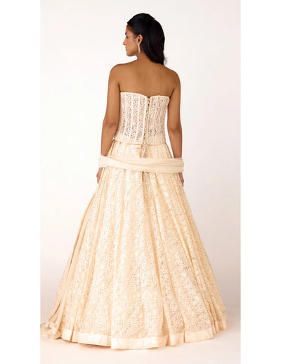 Ivory Chantilly Net Embroidered Lehenga Set