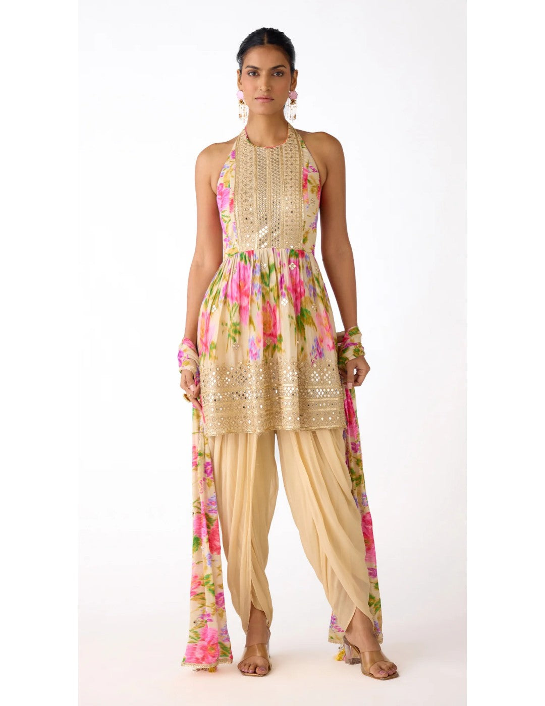 Ivory Chiffon Embroidered Dhoti Set
