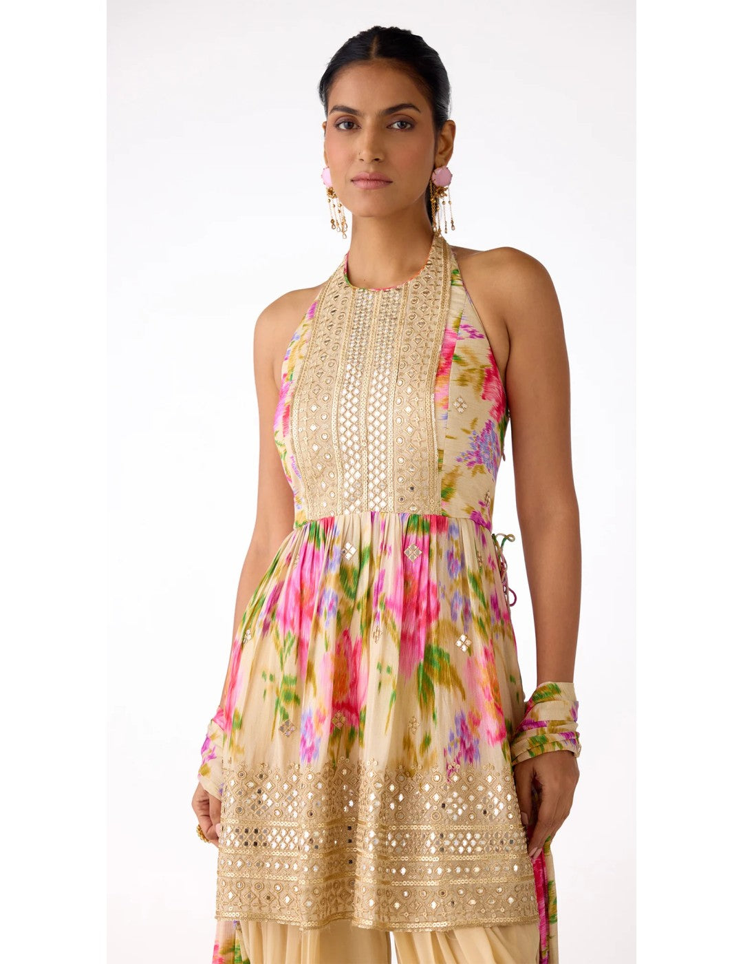 Ivory Chiffon Embroidered Dhoti Set