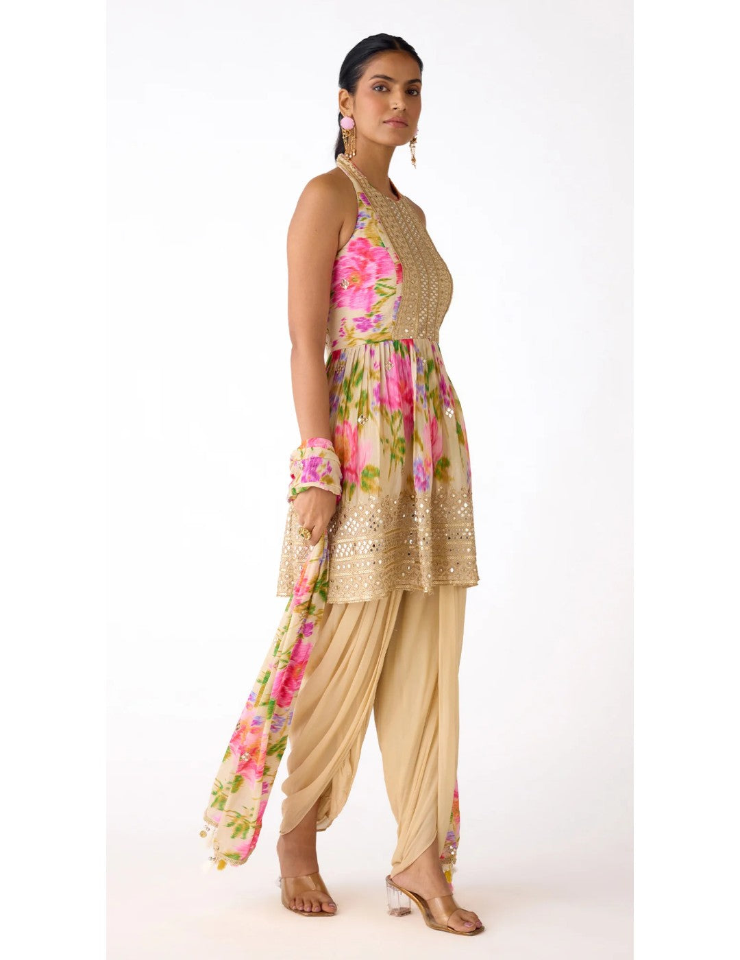 Ivory Chiffon Embroidered Dhoti Set
