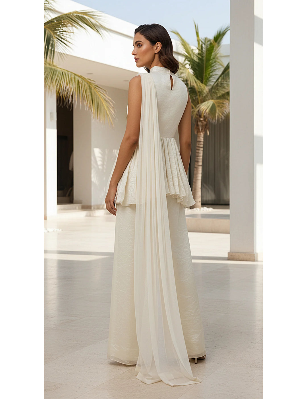 Ivory Crushed Tissue Peplum Sharara Set