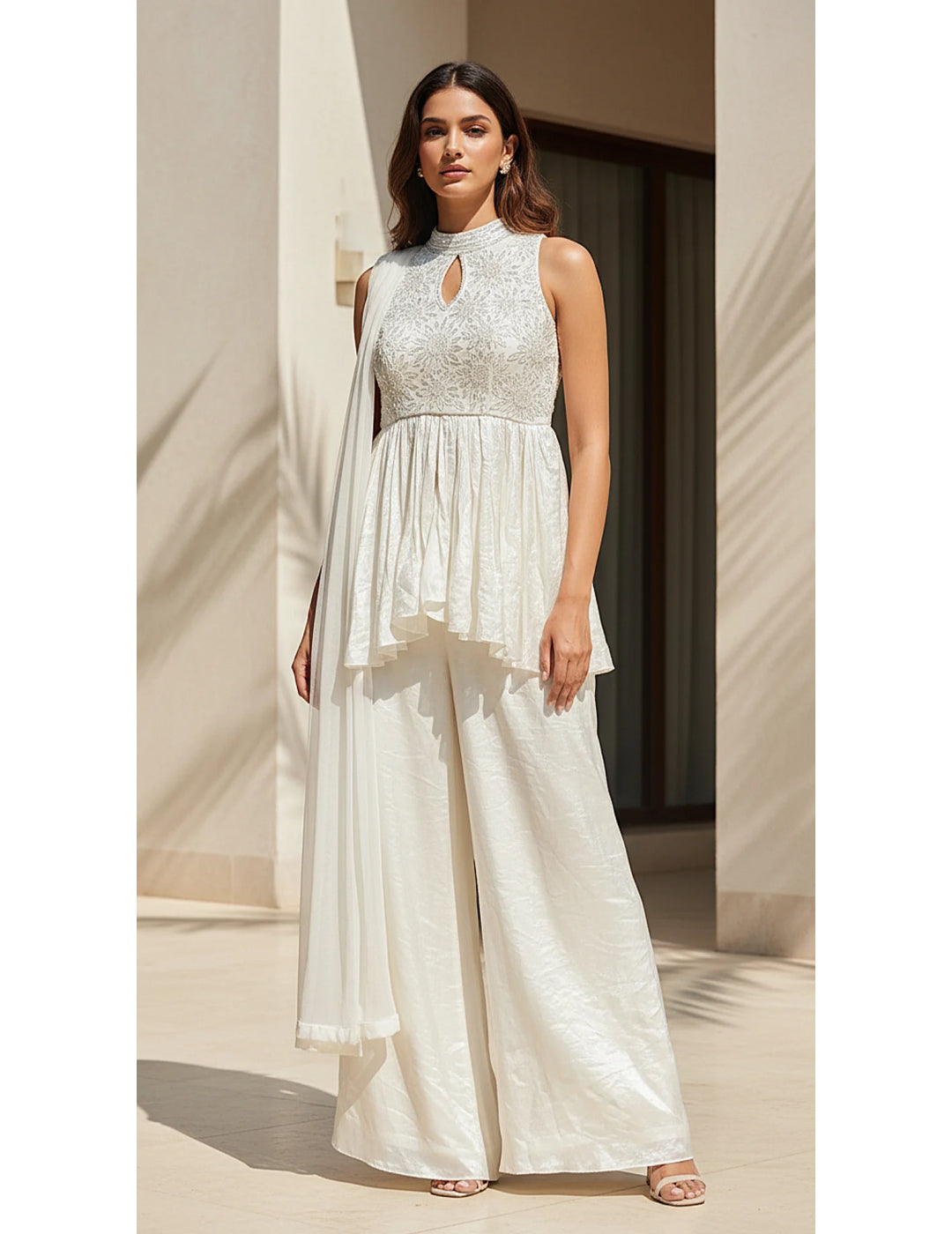 Ivory Crushed Tissue Peplum Sharara Set