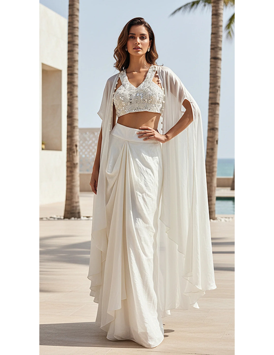 Ivory Georgette Embroidered Cape Set