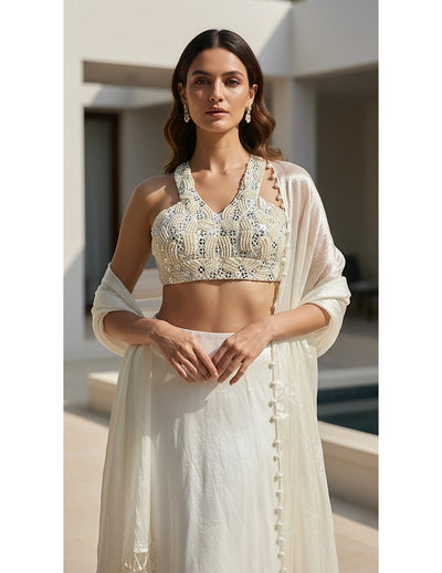Ivory Georgette Embroidered Cape Set