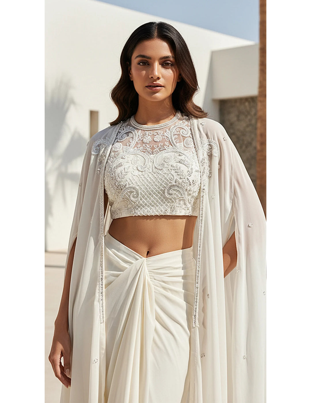 Ivory Georgette Embroidered Cape Set