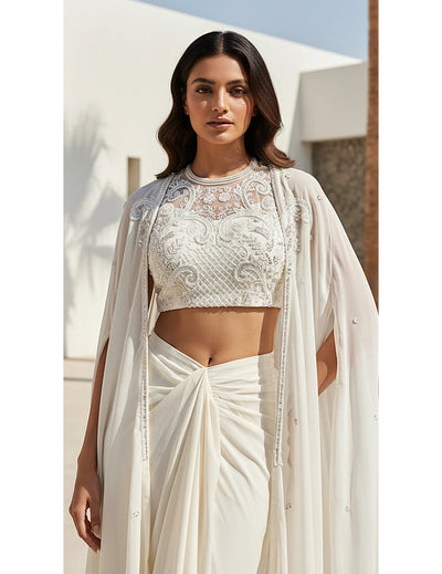 Ivory Georgette Embroidered Cape Set