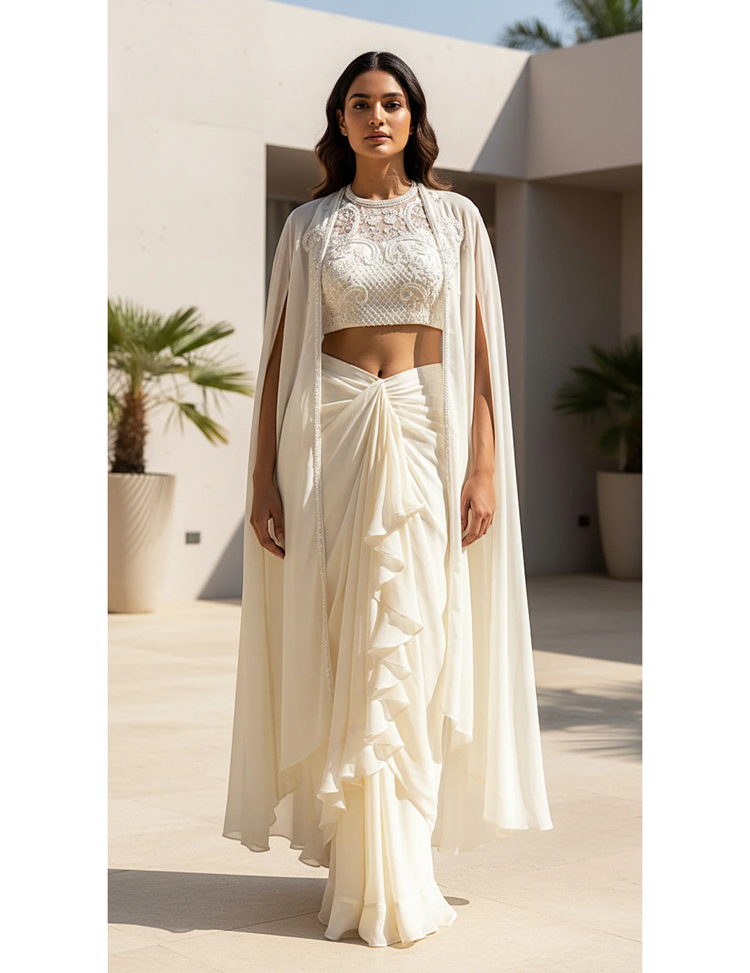 Ivory Georgette Embroidered Cape Set