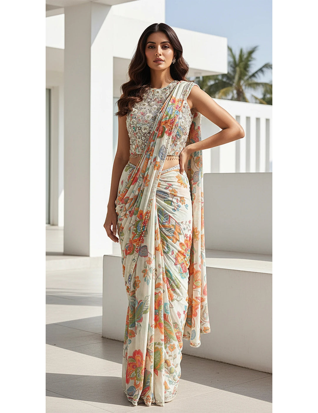 Ivory Georgette Embroidered Draped Saree