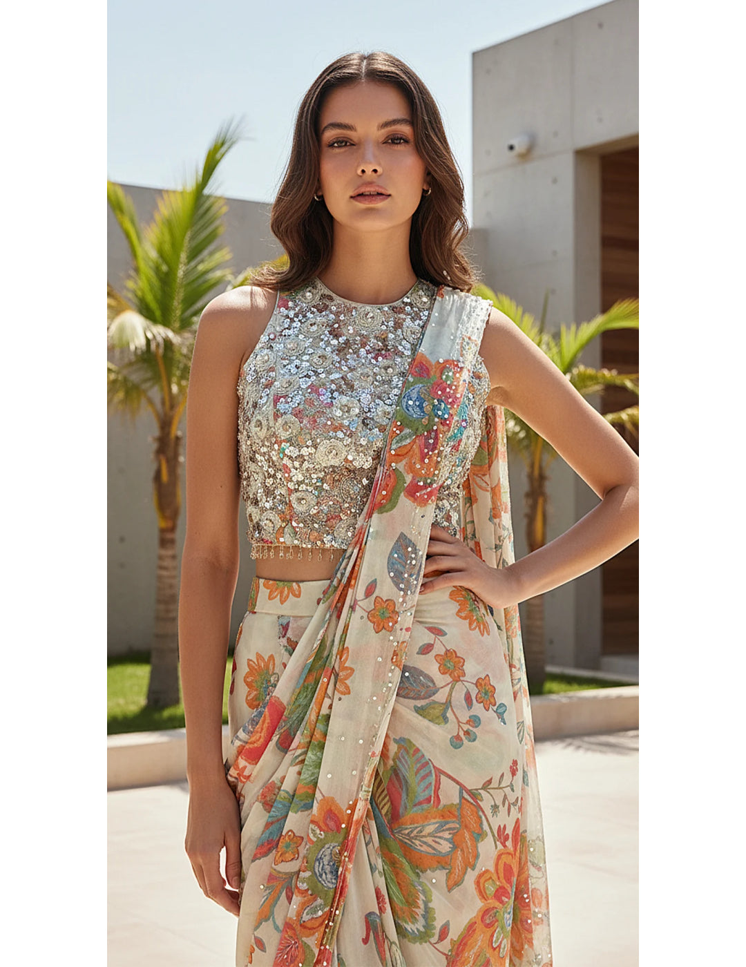 Ivory Georgette Embroidered Draped Saree