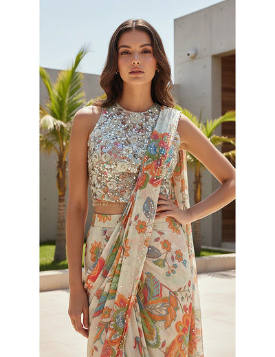 Ivory Georgette Embroidered Draped Saree