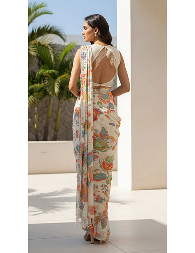 Ivory Georgette Embroidered Draped Saree