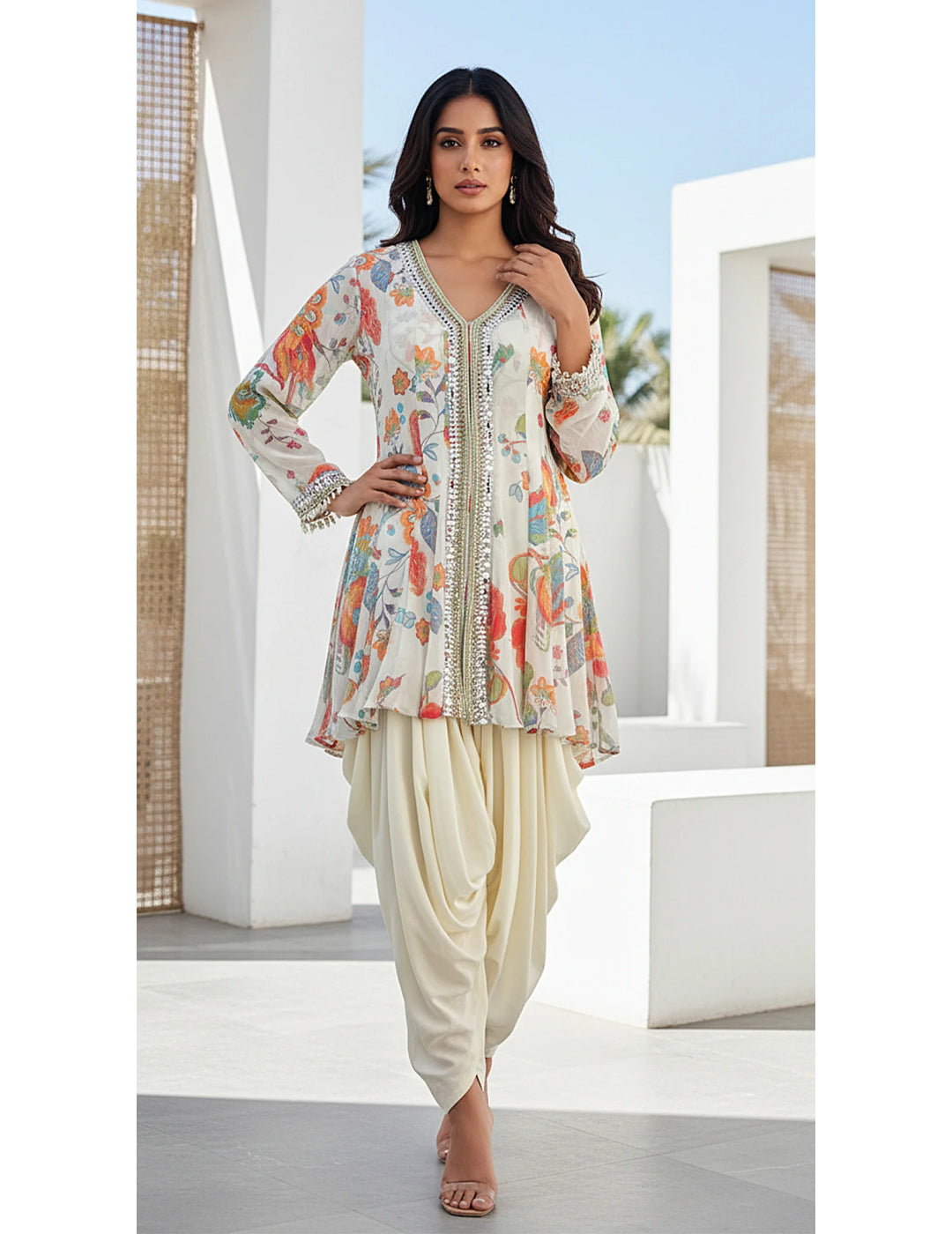 Ivory Georgette Embroidered Peplum Dhoti Set