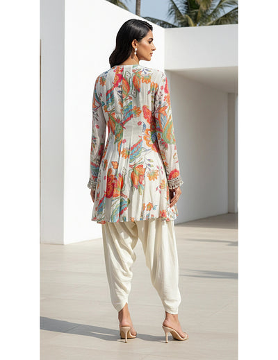 Ivory Georgette Embroidered Peplum Dhoti Set